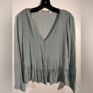 Zara Striped V-Neck Blouse - Green and White
